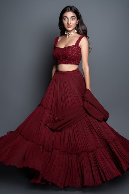 Buy_Shahmeen Husain_Maroon Georgette, Chikankari Floral Motifs Scoop Neck Tiered Pleated Lehenga Set _Online_at_Aza_Fashions