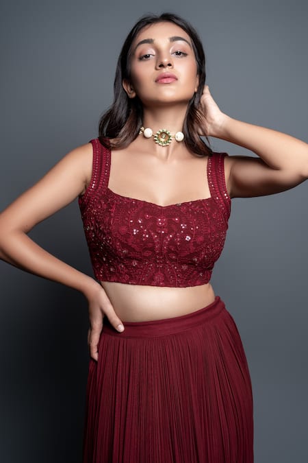 Shop_Shahmeen Husain_Maroon Georgette, Chikankari Floral Motifs Scoop Neck Tiered Pleated Lehenga Set _Online_at_Aza_Fashions