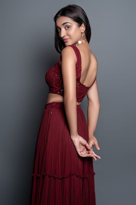 Shahmeen Husain_Maroon Georgette, Chikankari Floral Motifs Scoop Neck Tiered Pleated Lehenga Set _at_Aza_Fashions