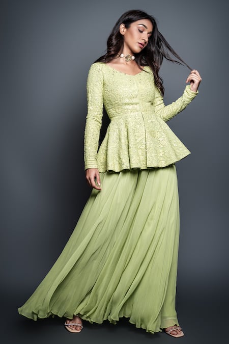 Buy_Shahmeen Husain_Green Georgette, Chikankari Floral Motifs Embroidered Peplum Tunic And Palazzo Set _Online_at_Aza_Fashions