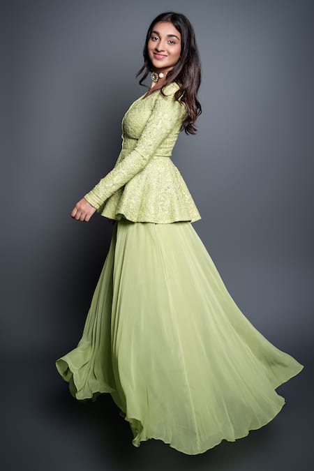 Shop_Shahmeen Husain_Green Georgette, Chikankari Floral Motifs Embroidered Peplum Tunic And Palazzo Set _Online_at_Aza_Fashions