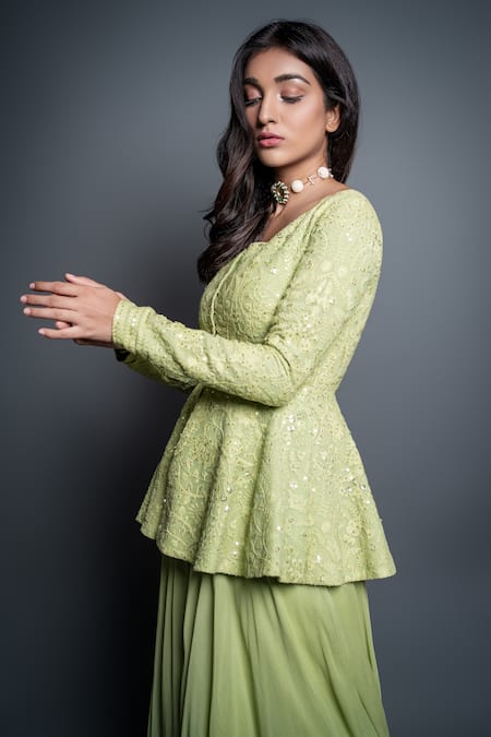 Shahmeen Husain_Green Georgette, Chikankari Floral Motifs Embroidered Peplum Tunic And Palazzo Set _at_Aza_Fashions