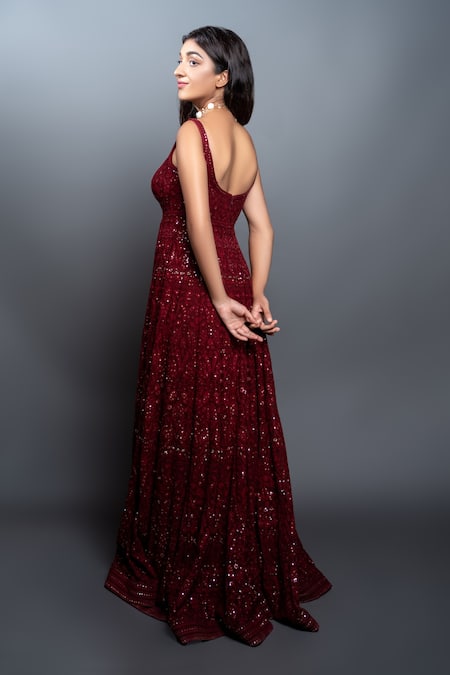 Shop_Shahmeen Husain_Maroon Chikankari Sequins Scoop Neck Embroidered Anarkali _at_Aza_Fashions