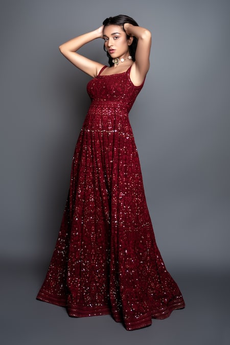 Shahmeen Husain_Maroon Chikankari Sequins Scoop Neck Embroidered Anarkali _Online_at_Aza_Fashions