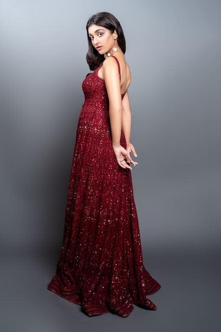 Buy_Shahmeen Husain_Maroon Chikankari Sequins Scoop Neck Embroidered Anarkali _Online_at_Aza_Fashions