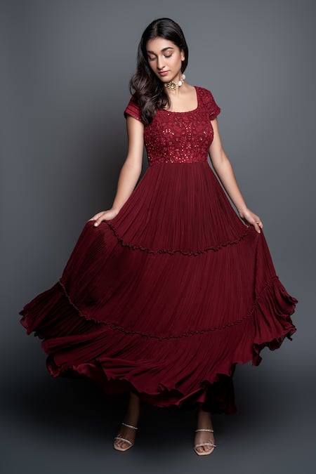 Shahmeen Husain_Maroon Georgette, Chikankari Floral Motifs Square Tiered Anarkali With Dupatta _Online_at_Aza_Fashions