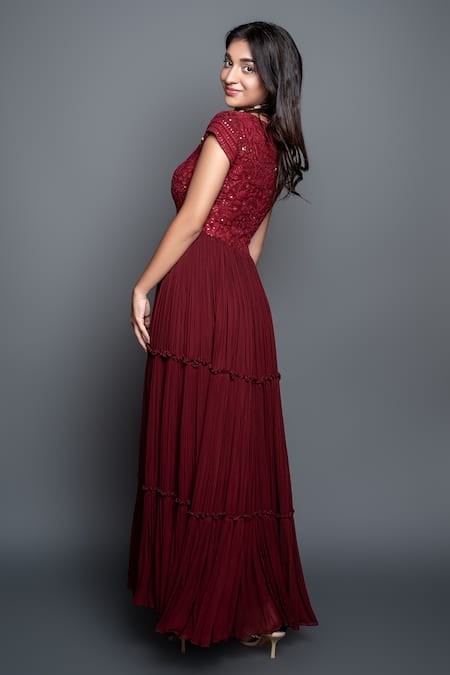 Shop_Shahmeen Husain_Maroon Georgette, Chikankari Floral Motifs Square Tiered Anarkali With Dupatta _at_Aza_Fashions
