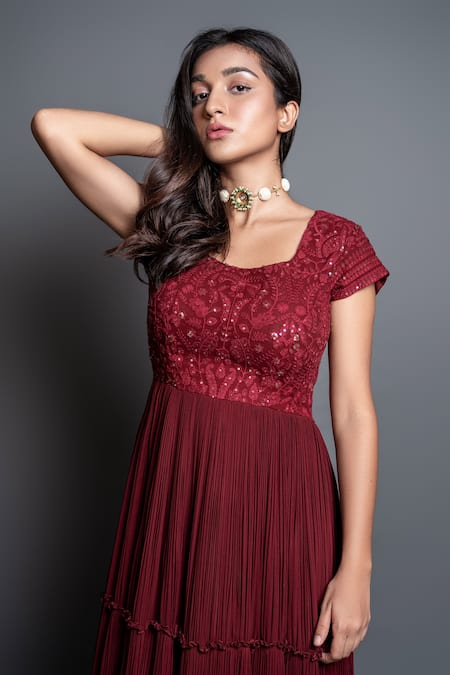 Buy_Shahmeen Husain_Maroon Georgette, Chikankari Floral Motifs Square Tiered Anarkali With Dupatta _Online_at_Aza_Fashions