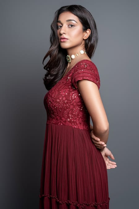 Shop_Shahmeen Husain_Maroon Georgette, Chikankari Floral Motifs Square Tiered Anarkali With Dupatta _Online_at_Aza_Fashions