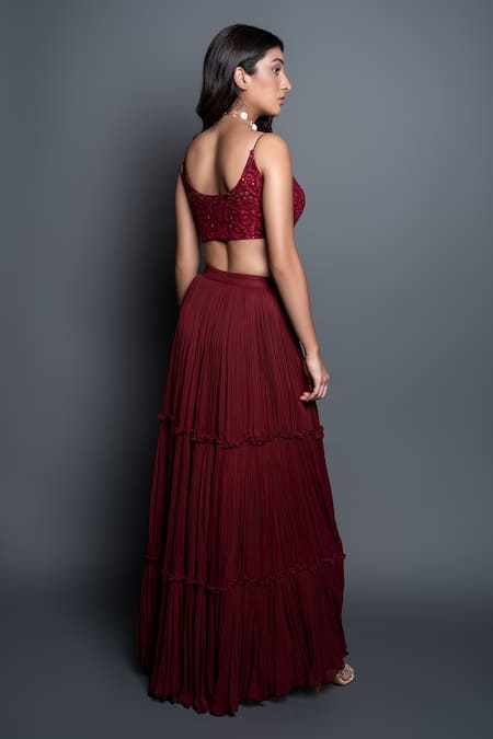 Shop_Shahmeen Husain_Maroon Georgette, Chikankari Floral Motifs Scoop Neck Blouse And Tiered Skirt Set _at_Aza_Fashions