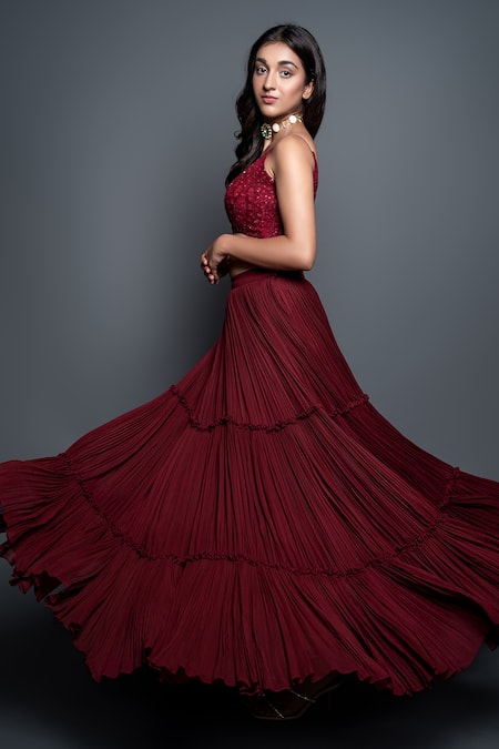 Shahmeen Husain_Maroon Georgette, Chikankari Floral Motifs Scoop Neck Blouse And Tiered Skirt Set _Online_at_Aza_Fashions