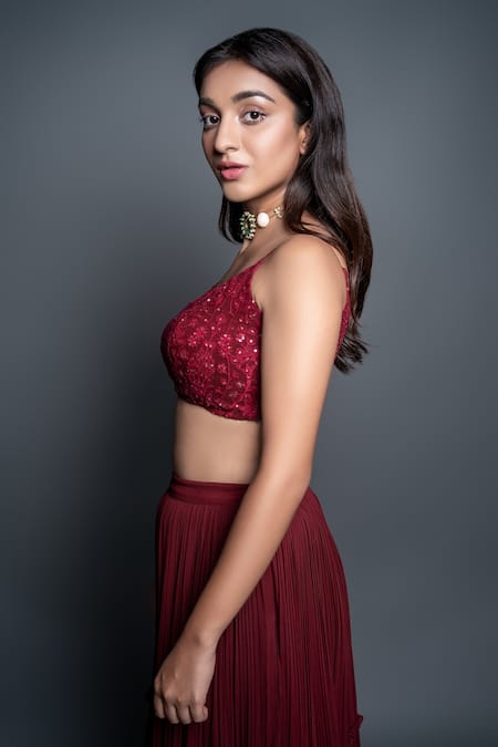 Buy_Shahmeen Husain_Maroon Georgette, Chikankari Floral Motifs Scoop Neck Blouse And Tiered Skirt Set _Online_at_Aza_Fashions