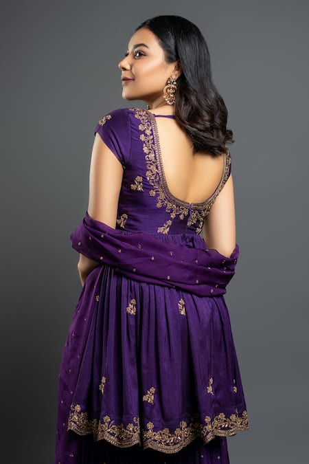 Shop_Shahmeen Husain_Purple Organza, Georgette, Dupion Silk Zardozi Embroidered Anarkali Sharara Set _at_Aza_Fashions