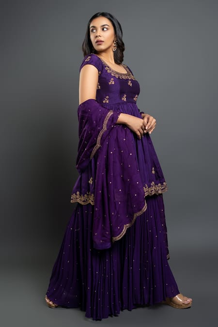 Shahmeen Husain_Purple Organza, Georgette, Dupion Silk Zardozi Embroidered Anarkali Sharara Set _Online_at_Aza_Fashions