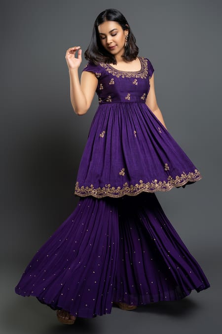 Buy_Shahmeen Husain_Purple Organza, Georgette, Dupion Silk Zardozi Embroidered Anarkali Sharara Set _Online_at_Aza_Fashions