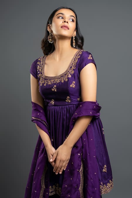 Shop_Shahmeen Husain_Purple Organza, Georgette, Dupion Silk Zardozi Embroidered Anarkali Sharara Set _Online_at_Aza_Fashions