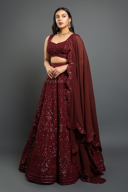 Buy_Shahmeen Husain_Maroon Chikankari And Georgette Floral Motifs Embroidered Bridal Lehenga Set _Online_at_Aza_Fashions