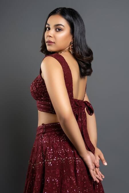 Shop_Shahmeen Husain_Maroon Chikankari And Georgette Floral Motifs Embroidered Bridal Lehenga Set _Online_at_Aza_Fashions