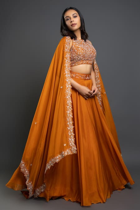 Shahmeen Husain_Orange Raw Silk, Organza Floral Motifs Round Flared Embroidered Lehenga Set _Online_at_Aza_Fashions