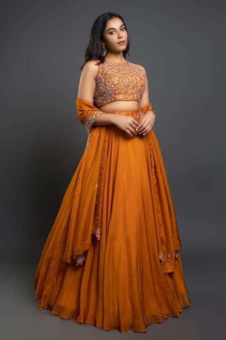 Buy_Shahmeen Husain_Orange Raw Silk, Organza Floral Motifs Round Flared Embroidered Lehenga Set _Online_at_Aza_Fashions