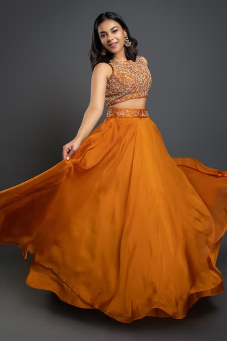 Shop_Shahmeen Husain_Orange Raw Silk, Organza Floral Motifs Round Flared Embroidered Lehenga Set _Online_at_Aza_Fashions