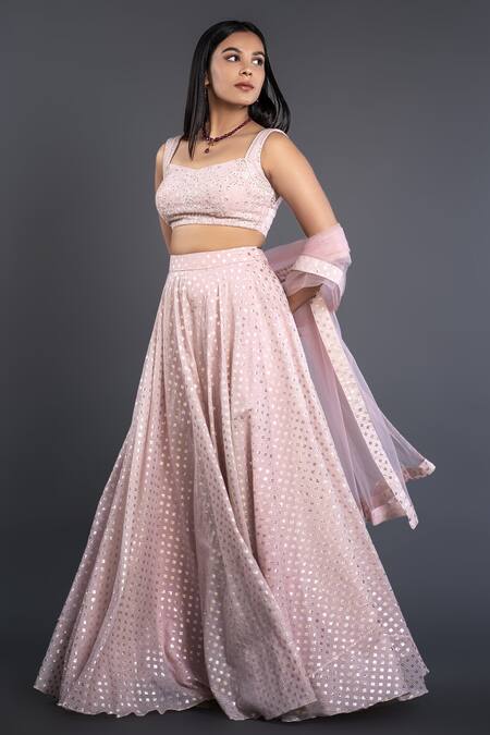 Shahmeen Husain_Pink Brocade, Chikankari Foil Prints Sweetheart Neck Lehenga Set_Online_at_Aza_Fashions