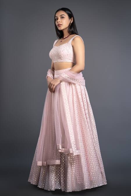 Buy_Shahmeen Husain_Pink Brocade, Chikankari Foil Prints Sweetheart Neck Lehenga Set_Online_at_Aza_Fashions