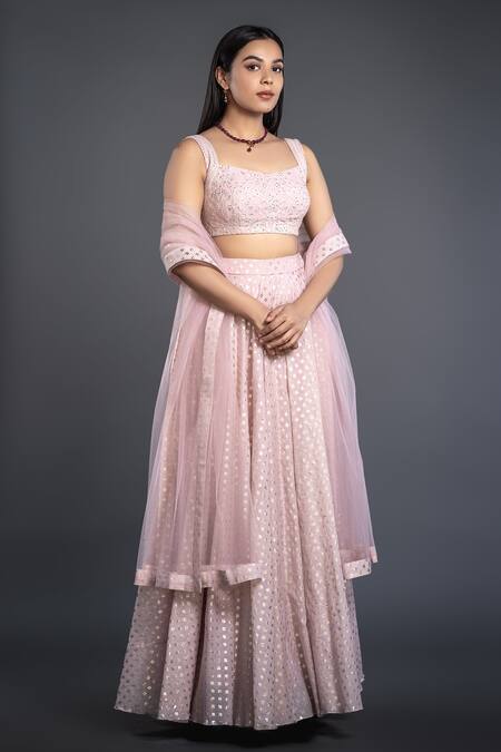 Shop_Shahmeen Husain_Pink Brocade, Chikankari Foil Prints Sweetheart Neck Lehenga Set_Online_at_Aza_Fashions