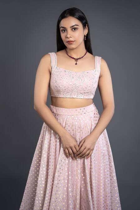 Shahmeen Husain_Pink Brocade, Chikankari Foil Prints Sweetheart Neck Lehenga Set_at_Aza_Fashions