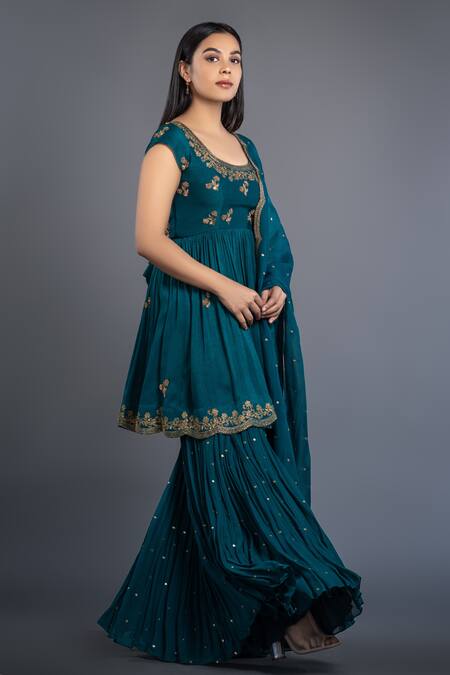 Shahmeen Husain_Green Dupioni Silk, Organza And Georgette Floral Embroidered Anarkali Sharara Set _Online_at_Aza_Fashions