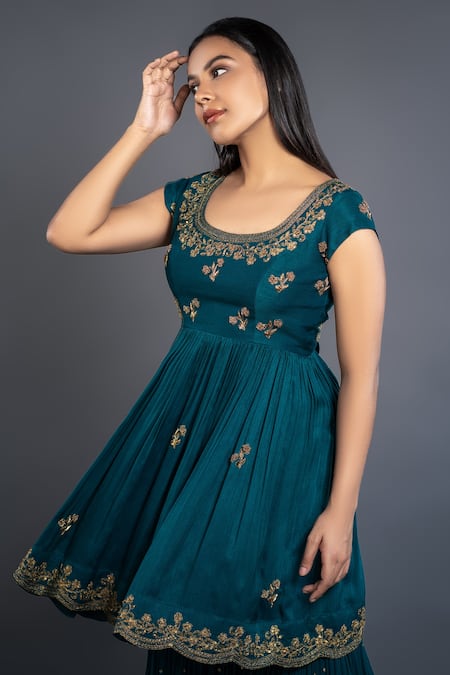 Shop_Shahmeen Husain_Green Dupioni Silk, Organza And Georgette Floral Embroidered Anarkali Sharara Set _Online_at_Aza_Fashions