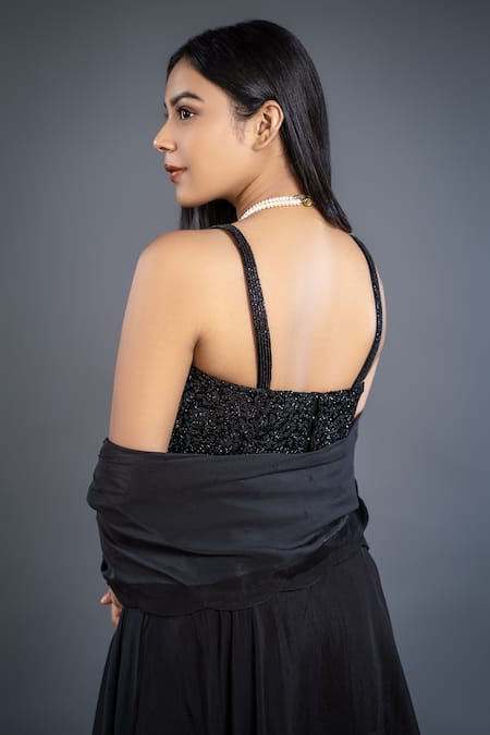Shop_Shahmeen Husain_Black Raw Silk, Organza Glass Beads Sweetheart Neck Layered Skirt Set _at_Aza_Fashions
