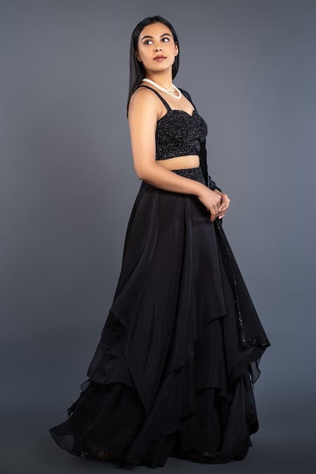 Shahmeen Husain_Black Raw Silk, Organza Glass Beads Sweetheart Neck Layered Skirt Set _Online_at_Aza_Fashions