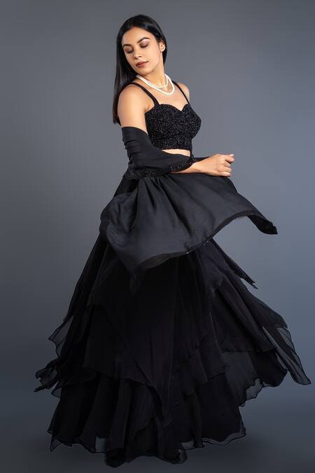 Buy_Shahmeen Husain_Black Raw Silk, Organza Glass Beads Sweetheart Neck Layered Skirt Set _Online_at_Aza_Fashions