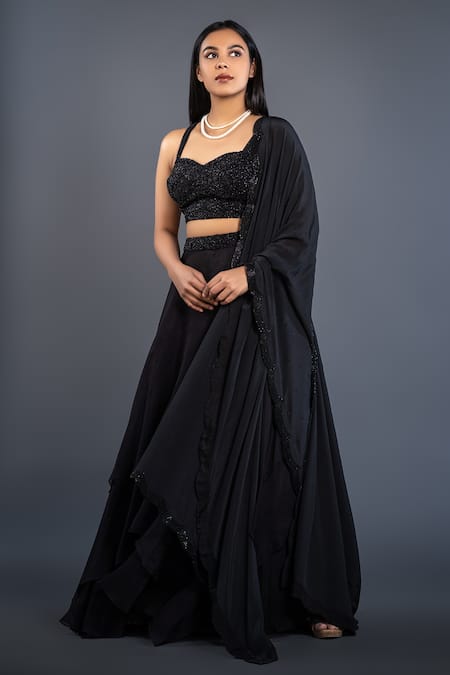 Shop_Shahmeen Husain_Black Raw Silk, Organza Glass Beads Sweetheart Neck Layered Skirt Set _Online_at_Aza_Fashions