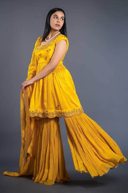 Buy_Shahmeen Husain_Yellow Cotton Silk Floral Motifs Scoop Neck Embroidered Anarkali Sharara Set _Online_at_Aza_Fashions