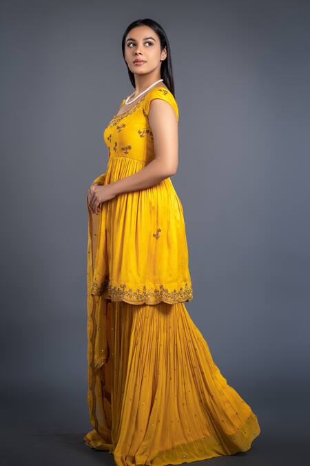Shop_Shahmeen Husain_Yellow Cotton Silk Floral Motifs Scoop Neck Embroidered Anarkali Sharara Set _Online_at_Aza_Fashions