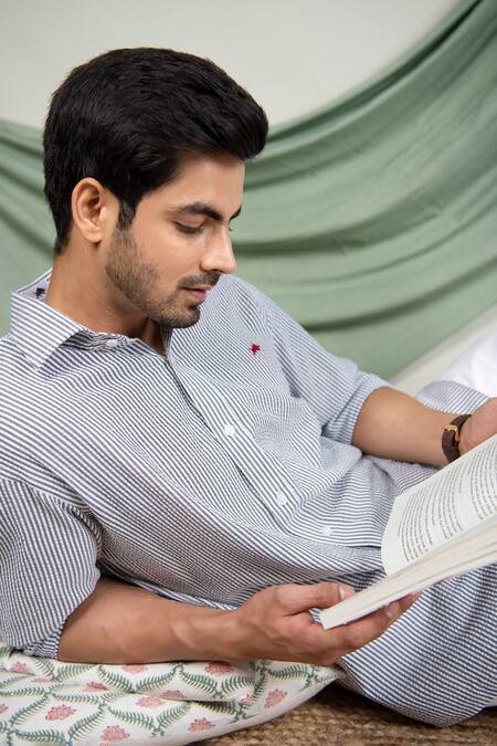 Buy_The MeN'S Kompany_Grey Cotton Striped Shirt _Online_at_Aza_Fashions