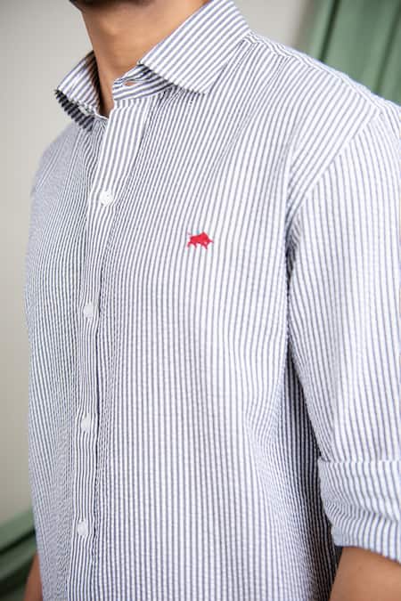 The MeN'S Kompany_Grey Cotton Striped Shirt _at_Aza_Fashions