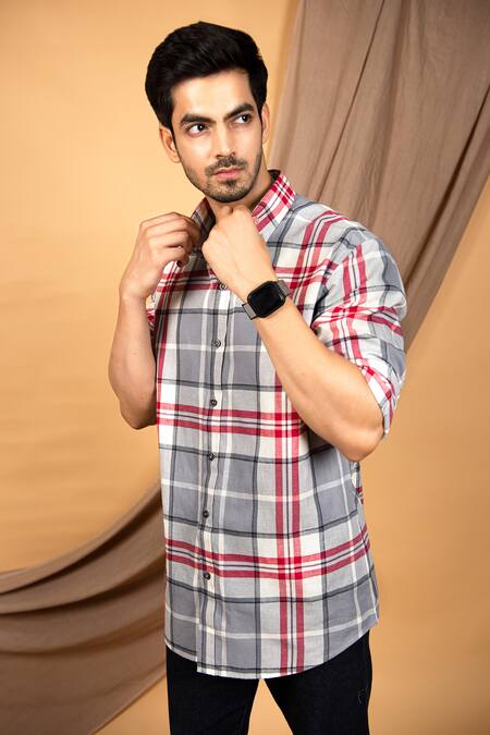 The MeN'S Kompany Grey Cotton Checkered Shirt Online at Aza Fashions The MeN'S Kompany_Grey Cotton Checkered Shirt _Online_at_Aza_Fashions