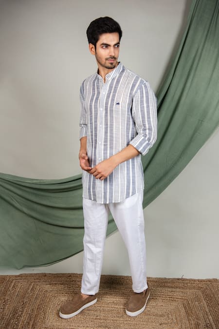 The MeN'S Kompany Grey Linen Cotton Striped Shirt Online at Aza Fashions The MeN'S Kompany_Grey Linen Cotton Striped Shirt _Online_at_Aza_Fashions