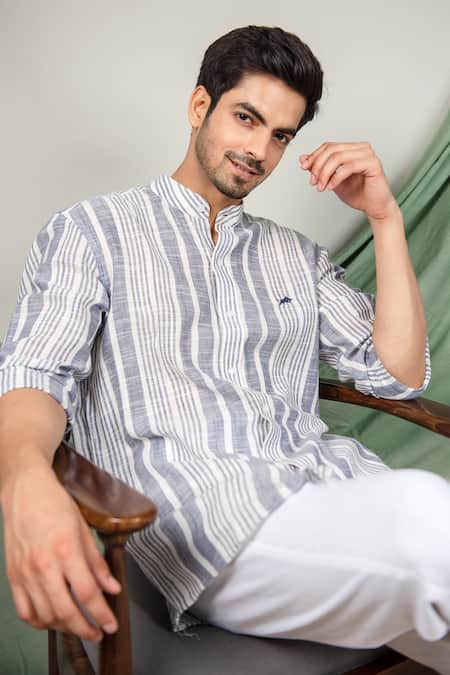 Buy The MeN'S Kompany Grey Linen Cotton Striped Shirt Online at Aza Fashions Buy_The MeN'S Kompany_Grey Linen Cotton Striped Shirt _Online_at_Aza_Fashions