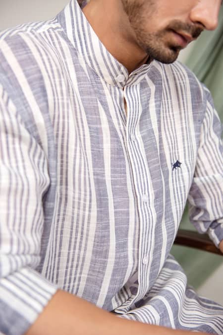 Shop The MeN'S Kompany Grey Linen Cotton Striped Shirt Online at Aza Fashions Shop_The MeN'S Kompany_Grey Linen Cotton Striped Shirt _Online_at_Aza_Fashions