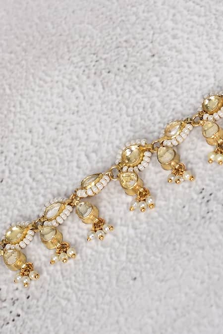 Shop_Auraa Trends_Gold Plated Beads Kundan Floral Payal Set Of 2 _Online_at_Aza_Fashions