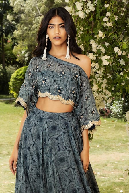 Seeaash_Blue Lehenga Organza And Blouse Lurex Floral Print, Sequin & Bahaar Set_Online_at_Aza_Fashions