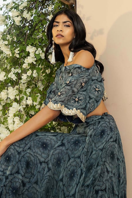 Buy_Seeaash_Blue Lehenga Organza And Blouse Lurex Floral Print, Sequin & Bahaar Set_Online_at_Aza_Fashions
