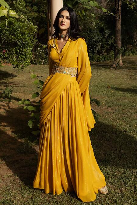 Seeaash_Yellow Lurex Mirror, Zari And Dabka Collared Pre-draped Sharara Saree With Blouse_Online_at_Aza_Fashions