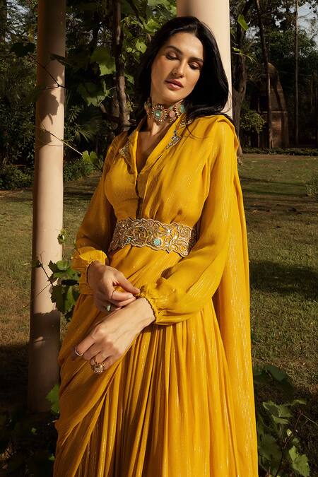 Shop_Seeaash_Yellow Lurex Mirror, Zari And Dabka Collared Pre-draped Sharara Saree With Blouse_Online_at_Aza_Fashions
