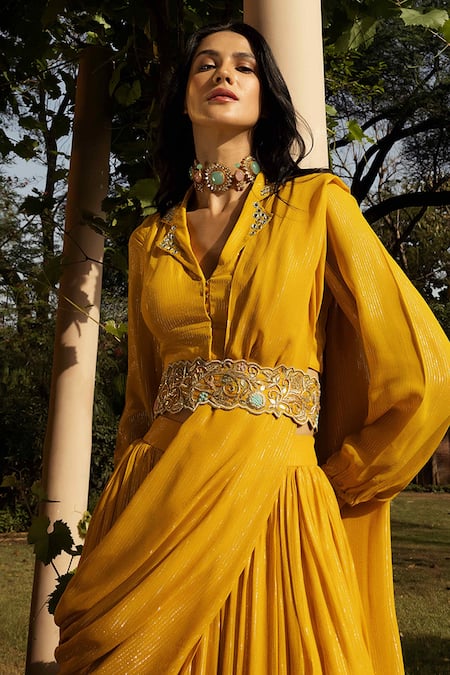 Seeaash_Yellow Lurex Mirror, Zari And Dabka Collared Pre-draped Sharara Saree With Blouse_at_Aza_Fashions