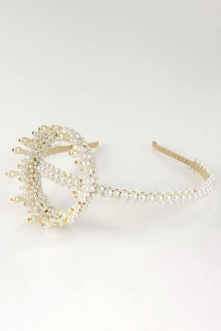Shop Choko White Snow Queens Pearl Work Crown at Aza Fashions Shop_Choko_White Snow Queens Pearl Work Crown_at_Aza_Fashions